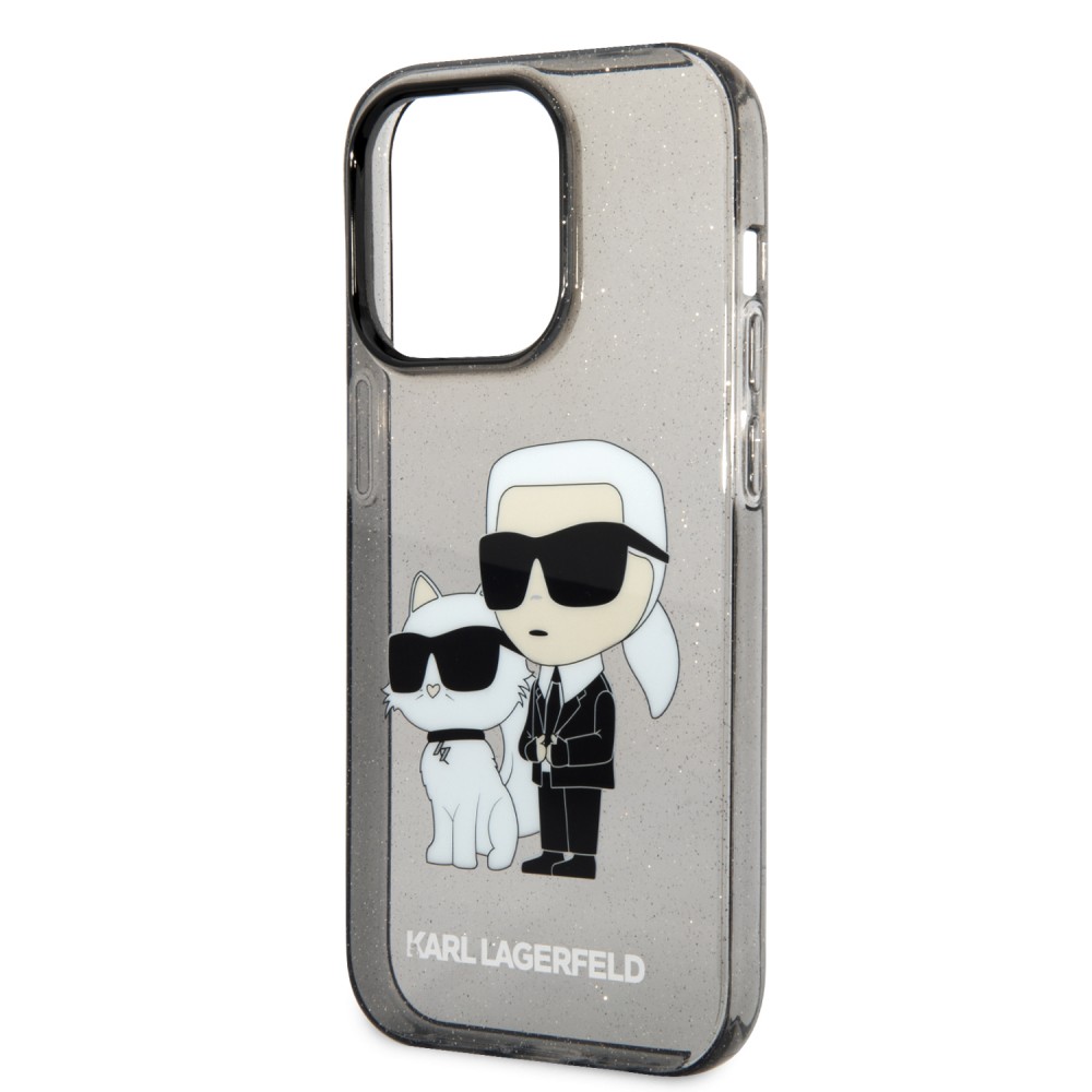 Coque iPhone 14 Pro - Karl Lagerfeld et Choupette duo gel rigide transparent pailleté - Gris