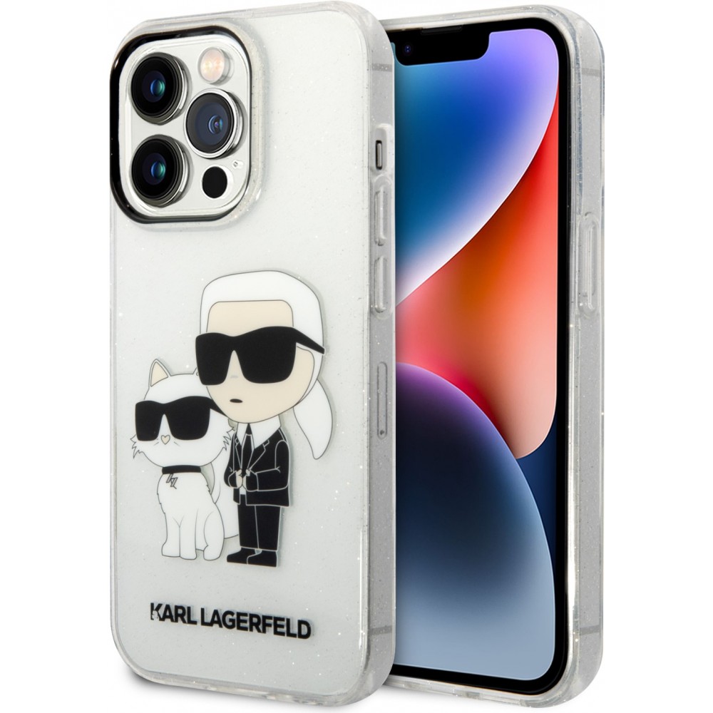 Coque iPhone 14 Pro Max - Karl Lagerfeld et Choupette duo gel rigide pailleté - Transparent