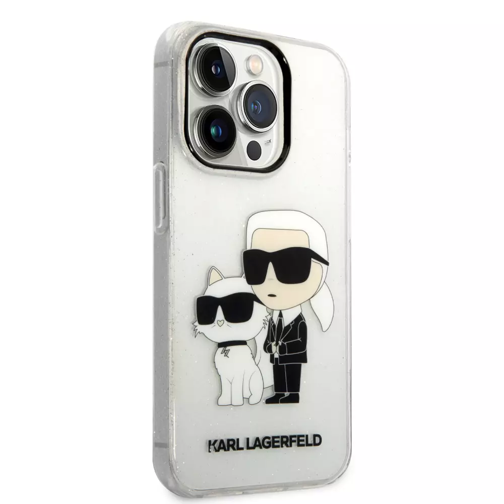 iPhone 14 Pro Max Cover - Karl Lagerfeld und Choupette duo starres Glitzergel - Transparent