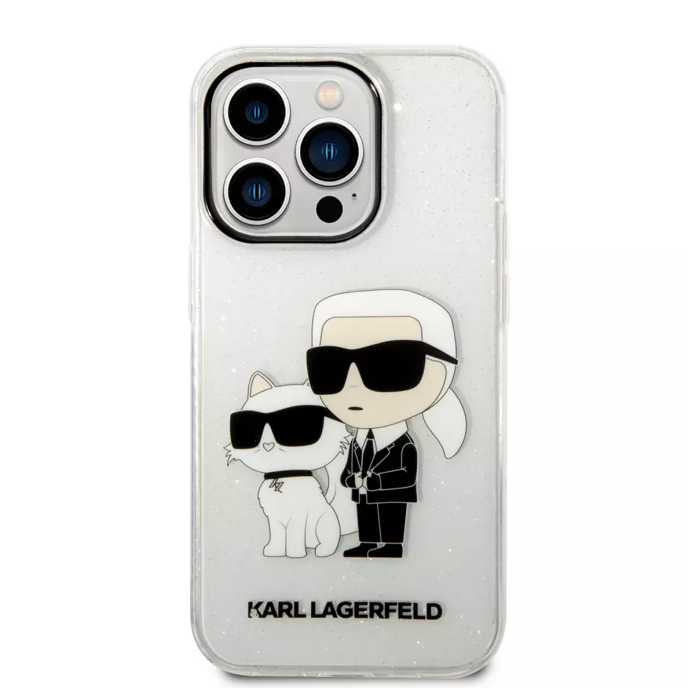 iPhone 14 Pro Max Cover - Karl Lagerfeld und Choupette duo starres Glitzergel - Transparent