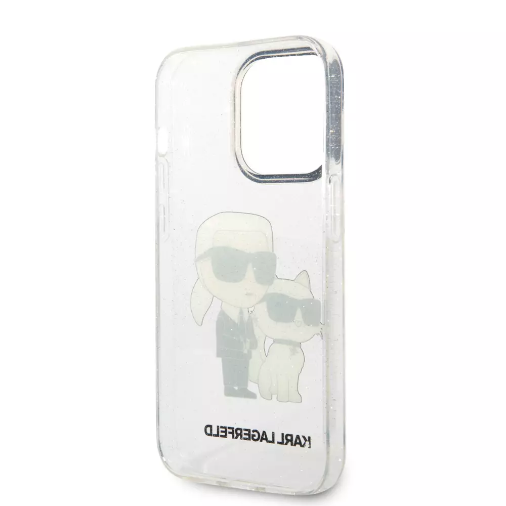iPhone 14 Pro Max Cover - Karl Lagerfeld und Choupette duo starres Glitzergel - Transparent