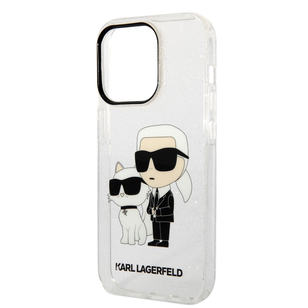 Coque iPhone 14 Pro Max - Karl Lagerfeld et Choupette duo gel rigide pailleté - Transparent