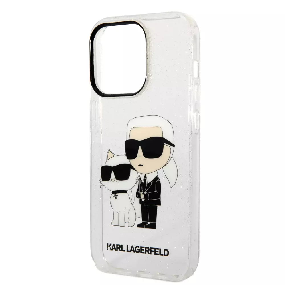iPhone 14 Pro Max Cover - Karl Lagerfeld und Choupette duo starres Glitzergel - Transparent