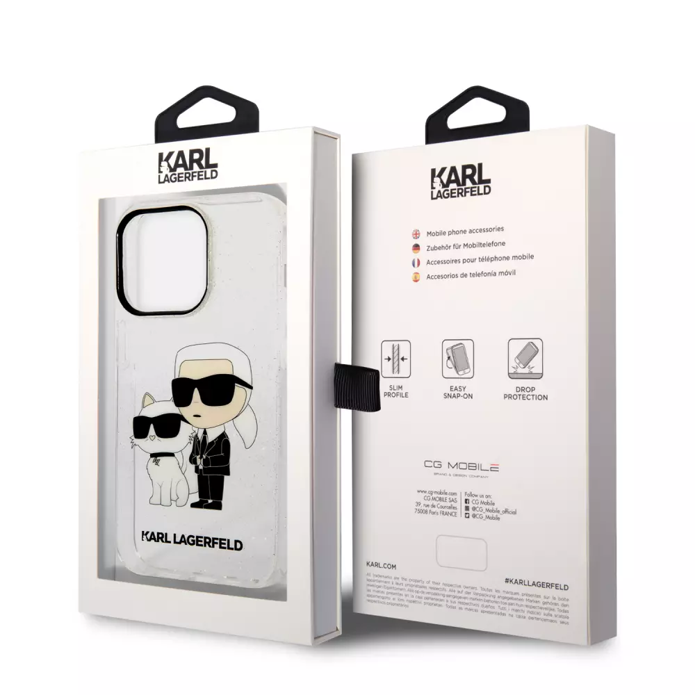 iPhone 14 Pro Max Cover - Karl Lagerfeld und Choupette duo starres Glitzergel - Transparent