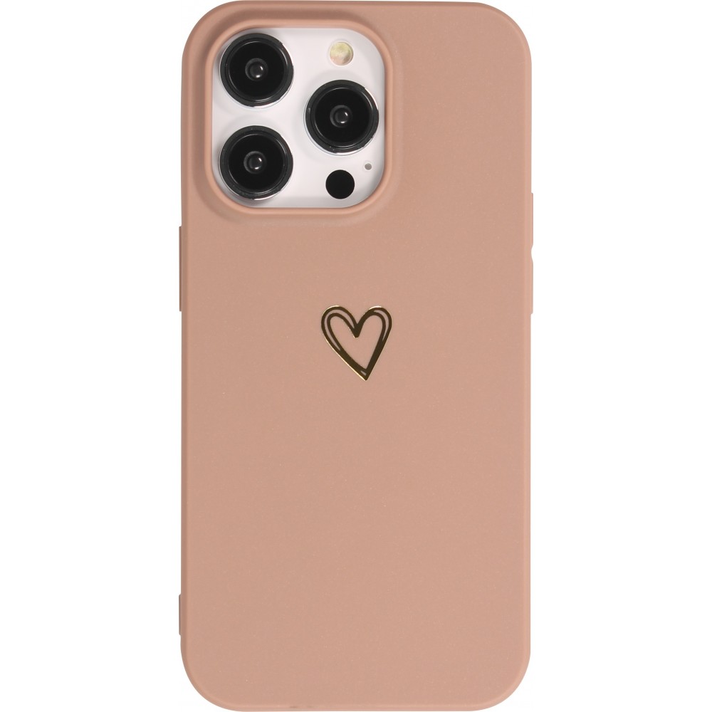 iPhone 16 Pro Case Hülle - Silikon matt Herzdesign gold - Braun