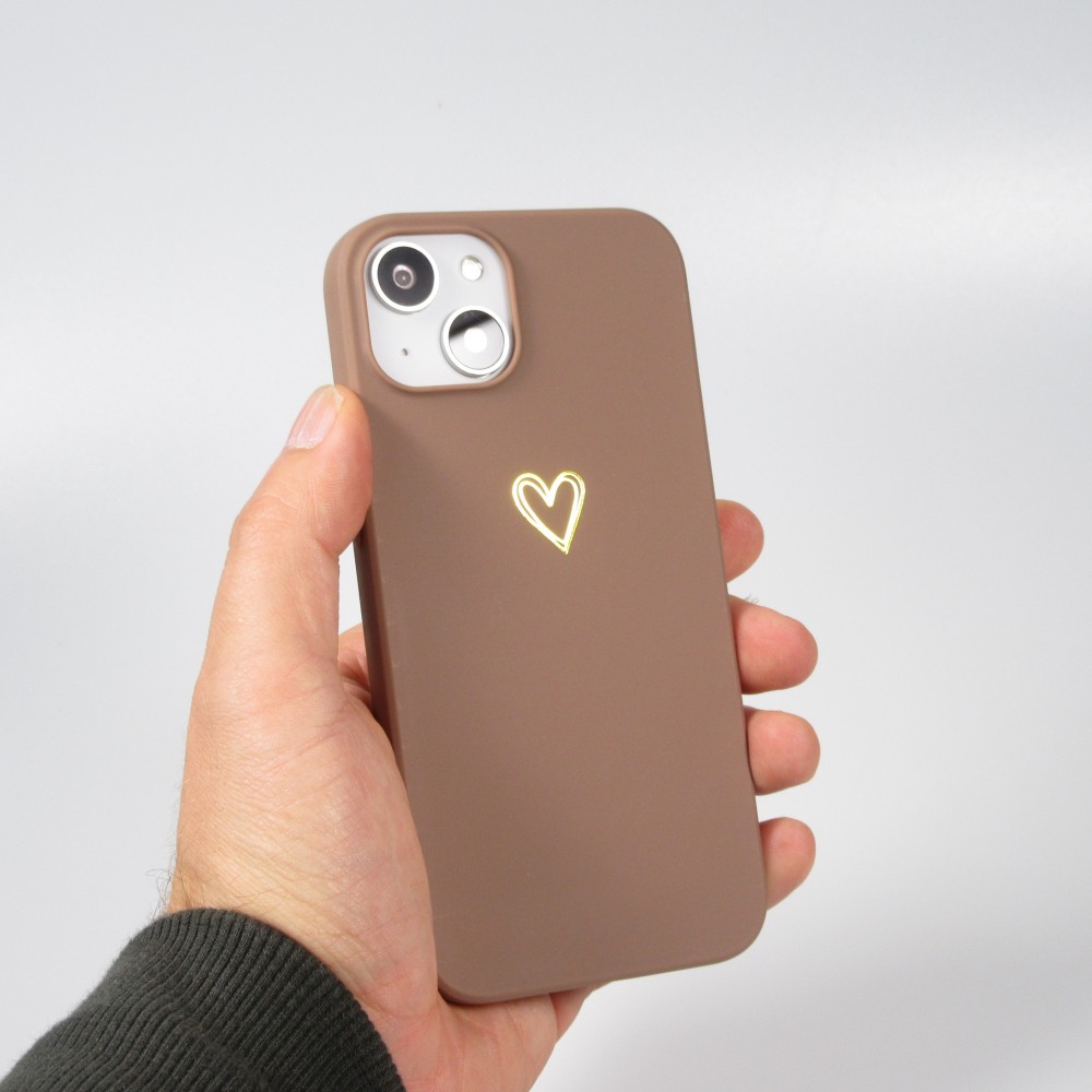 iPhone 16 Pro Case Hülle - Silikon matt Herzdesign gold - Braun