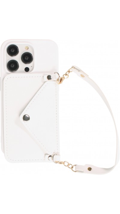 iPhone 14 Pro Case Hülle - Soft-Touch-Silikon mit Karten- oder Geldfach aus Leder und integriertem Lanyard - Weiss