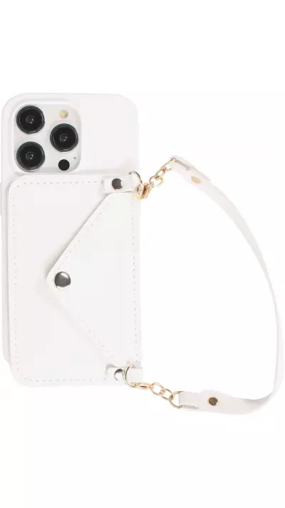 iPhone 14 Pro Case Hülle - Soft-Touch-Silikon mit Karten- oder Geldfach aus Leder und integriertem Lanyard - Weiss