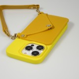 iPhone 14 Pro Case Hülle - Soft-Touch-Silikon mit Karten- oder Geldfach aus Leder und integriertem Lanyard - Gelb