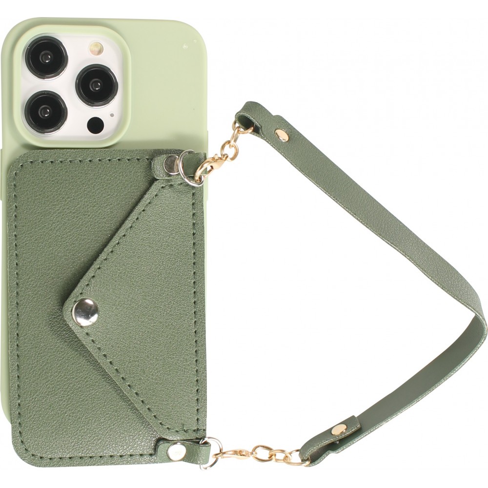 iPhone 14 Pro Max Case Hülle - Soft-Touch-Silikon mit Karten- oder Geldfach aus Leder und integriertem Lanyard - Grün