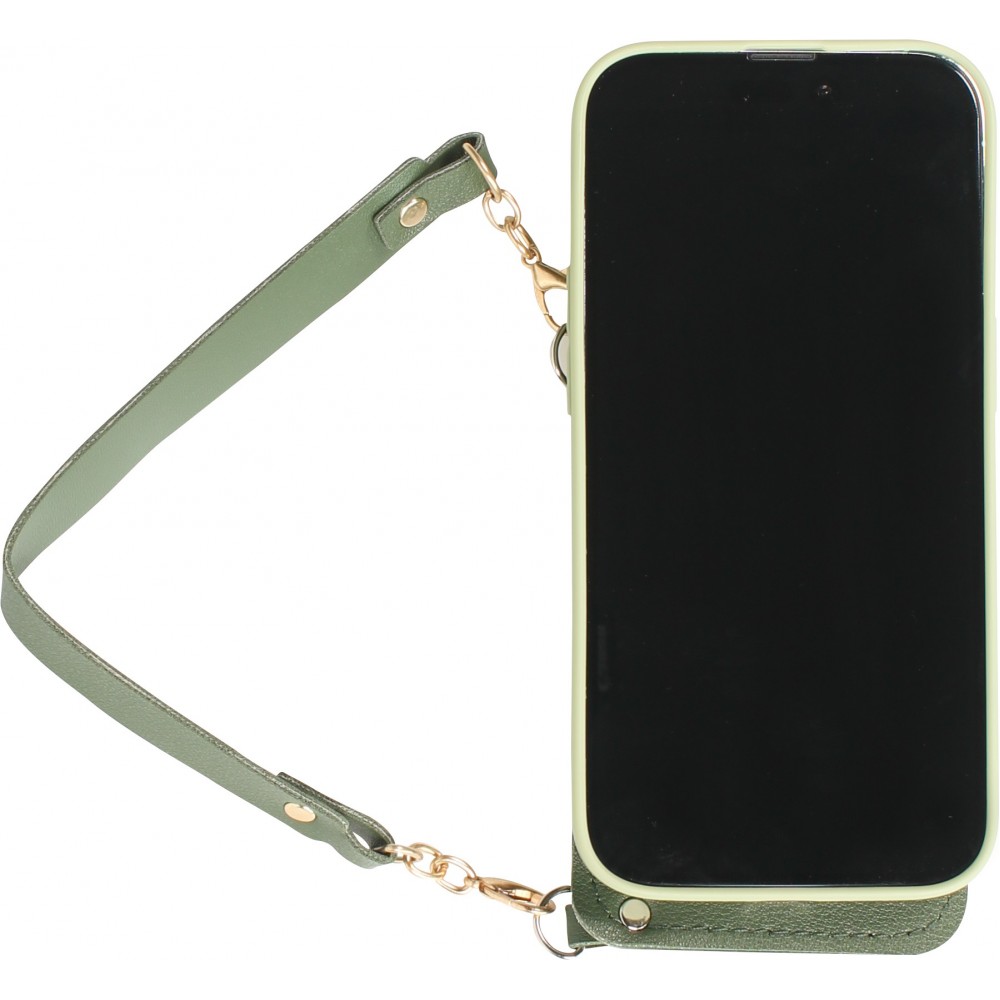 iPhone 14 Pro Max Case Hülle - Soft-Touch-Silikon mit Karten- oder Geldfach aus Leder und integriertem Lanyard - Grün