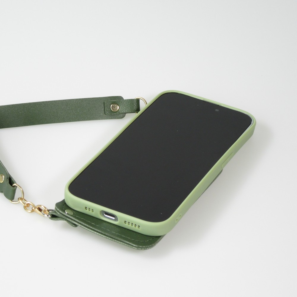 iPhone 14 Pro Max Case Hülle - Soft-Touch-Silikon mit Karten- oder Geldfach aus Leder und integriertem Lanyard - Grün