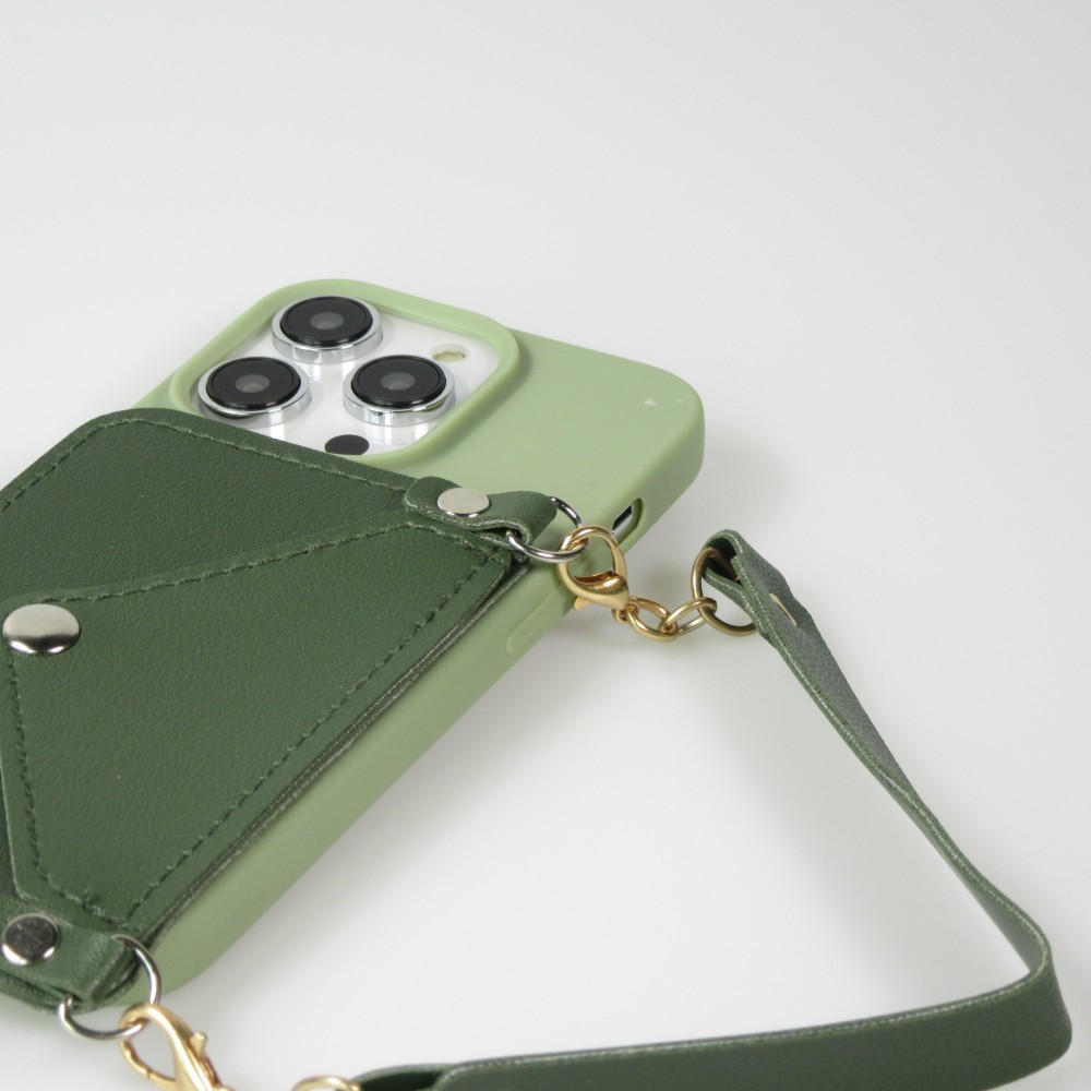 iPhone 14 Pro Max Case Hülle - Soft-Touch-Silikon mit Karten- oder Geldfach aus Leder und integriertem Lanyard - Grün