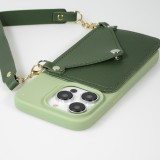 iPhone 14 Pro Max Case Hülle - Soft-Touch-Silikon mit Karten- oder Geldfach aus Leder und integriertem Lanyard - Grün