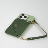 iPhone 14 Pro Max Case Hülle - Soft-Touch-Silikon mit Karten- oder Geldfach aus Leder und integriertem Lanyard - Grün