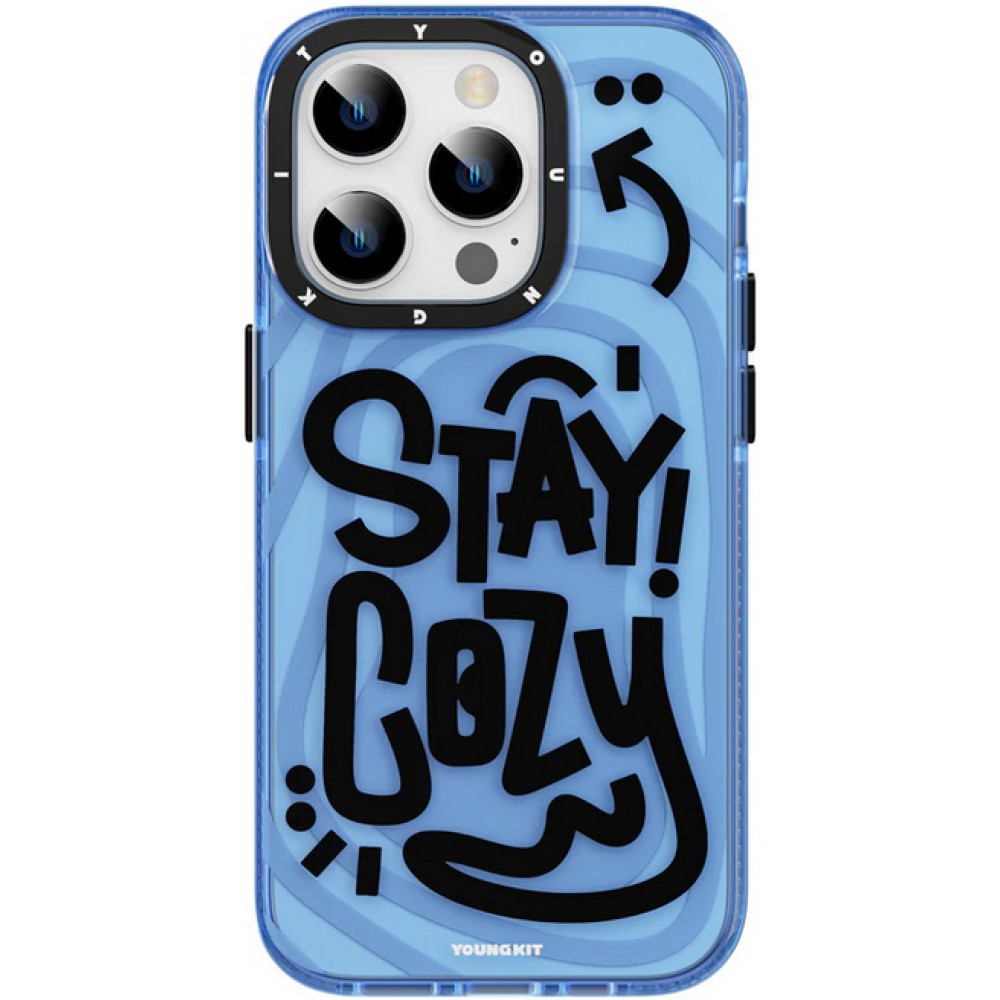 iPhone 14 Pro Max Case H&uuml;lle - Youngkit Happy Mood Glossy Case Stay Cozy - Blau