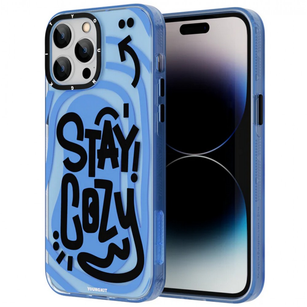 iPhone 14 Pro Max Case H&uuml;lle - Youngkit Happy Mood Glossy Case Stay Cozy - Blau
