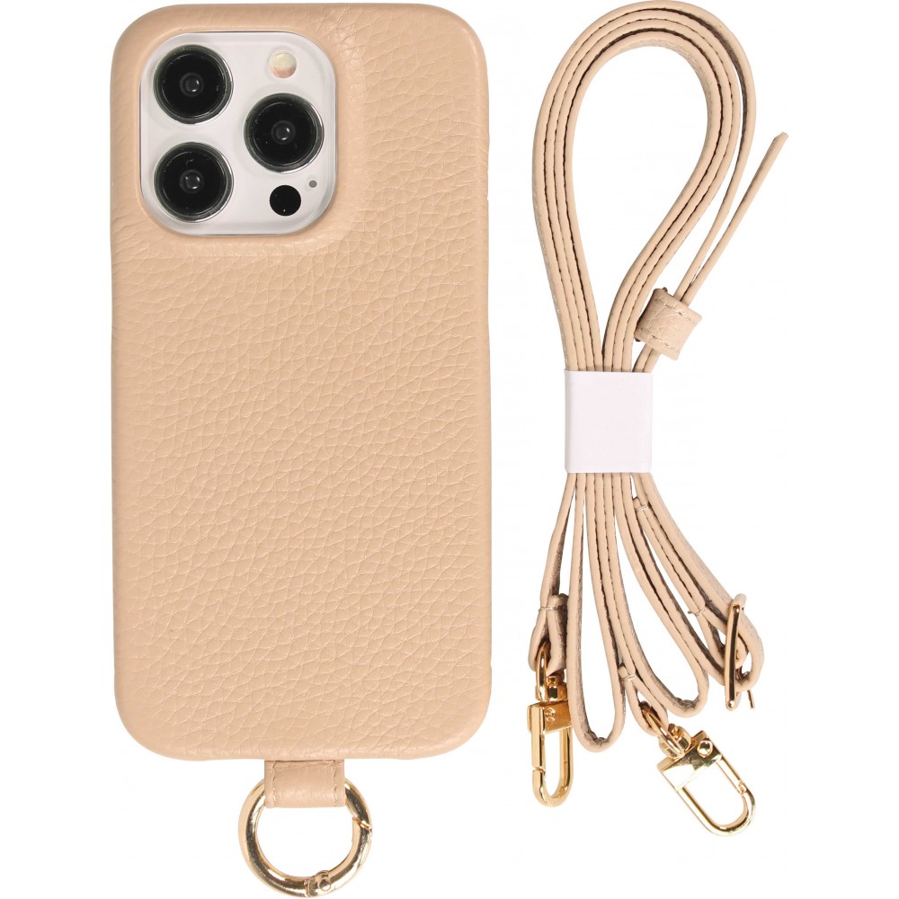 iPhone 14 Pro Max Case Hülle - Premium Luxus Echtleder mit verstell- und abnehmbarem Lederriemen + MagSafe - Beige