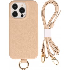 iPhone 14 Pro Max Case Hülle - Premium Luxus Echtleder mit verstell- und abnehmbarem Lederriemen + MagSafe - Beige