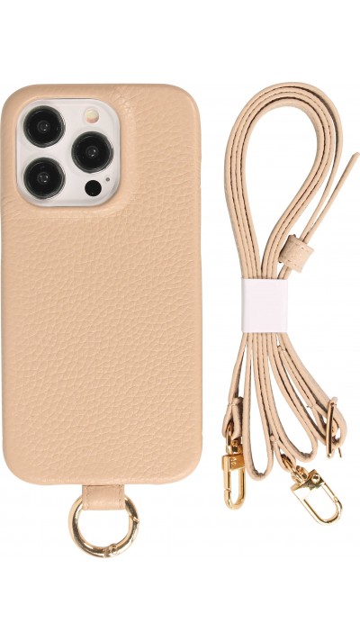 iPhone 14 Pro Max Case Hülle - Premium Luxus Echtleder mit verstell- und abnehmbarem Lederriemen + MagSafe - Beige