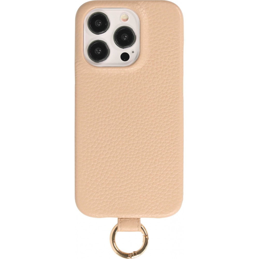 iPhone 14 Pro Max Case Hülle - Premium Luxus Echtleder mit verstell- und abnehmbarem Lederriemen + MagSafe - Beige
