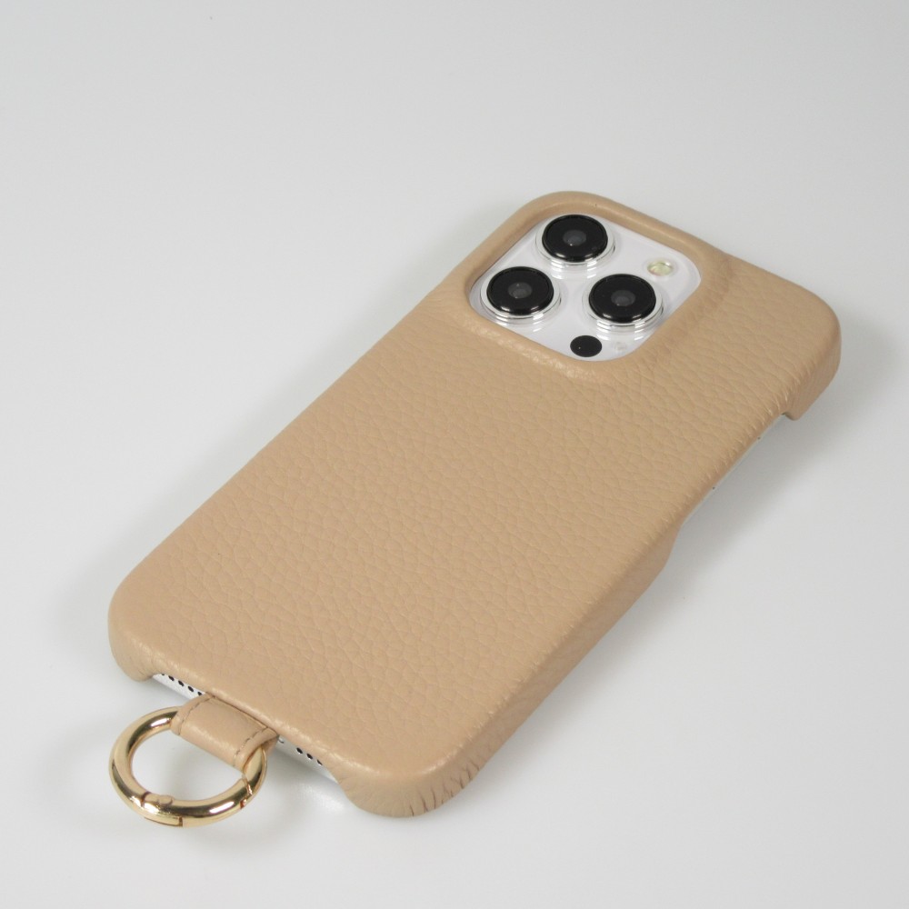 iPhone 14 Pro Max Case Hülle - Premium Luxus Echtleder mit verstell- und abnehmbarem Lederriemen + MagSafe - Beige