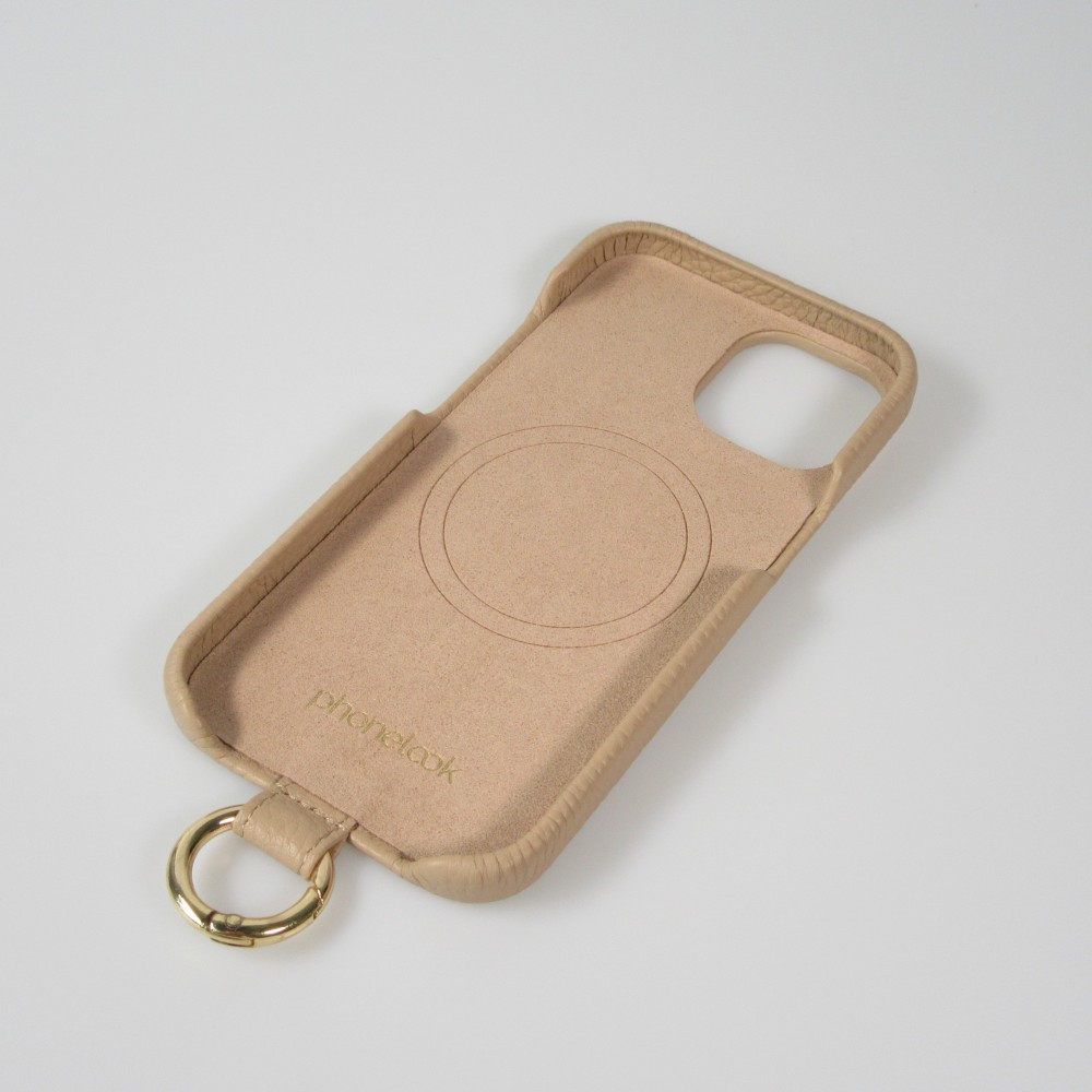 iPhone 14 Pro Max Case Hülle - Premium Luxus Echtleder mit verstell- und abnehmbarem Lederriemen + MagSafe - Beige