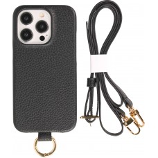 iPhone 14 Pro Max Case Hülle - Premium Luxus Echtleder mit verstell- und abnehmbarem Lederriemen + MagSafe - Schwarz