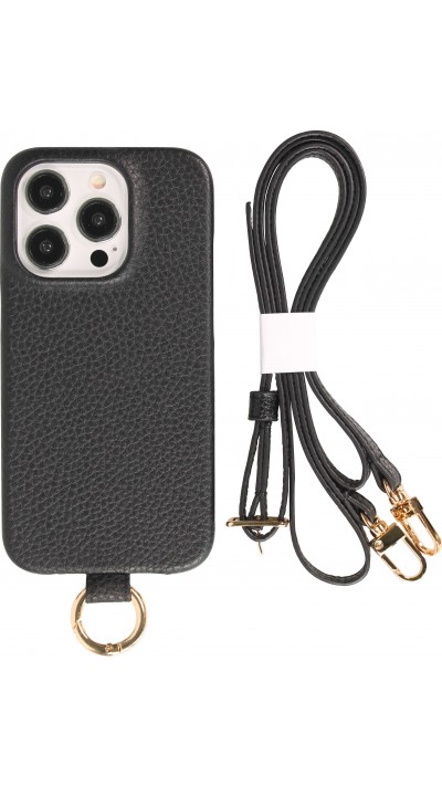 iPhone 14 Pro Max Case Hülle - Premium Luxus Echtleder mit verstell- und abnehmbarem Lederriemen + MagSafe - Schwarz
