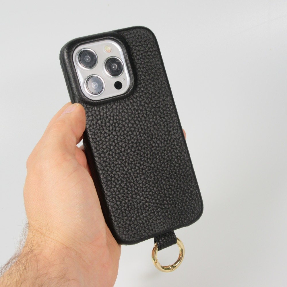 iPhone 14 Pro Max Case Hülle - Premium Luxus Echtleder mit verstell- und abnehmbarem Lederriemen + MagSafe - Schwarz