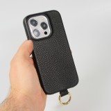 iPhone 14 Pro Max Case Hülle - Premium Luxus Echtleder mit verstell- und abnehmbarem Lederriemen + MagSafe - Schwarz