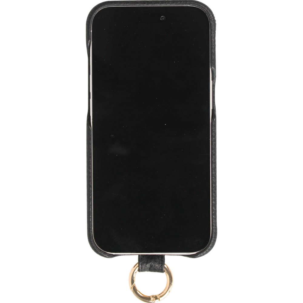 iPhone 14 Pro Max Case Hülle - Premium Luxus Echtleder mit verstell- und abnehmbarem Lederriemen + MagSafe - Schwarz