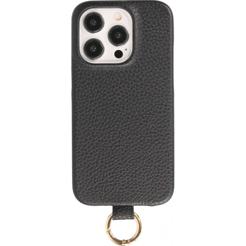 iPhone 14 Pro Max Case Hülle - Premium Luxus Echtleder mit verstell- und abnehmbarem Lederriemen + MagSafe - Schwarz
