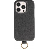 iPhone 14 Pro Max Case Hülle - Premium Luxus Echtleder mit verstell- und abnehmbarem Lederriemen + MagSafe - Schwarz