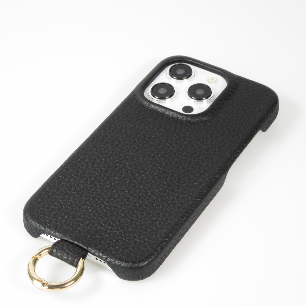 iPhone 14 Pro Max Case Hülle - Premium Luxus Echtleder mit verstell- und abnehmbarem Lederriemen + MagSafe - Schwarz