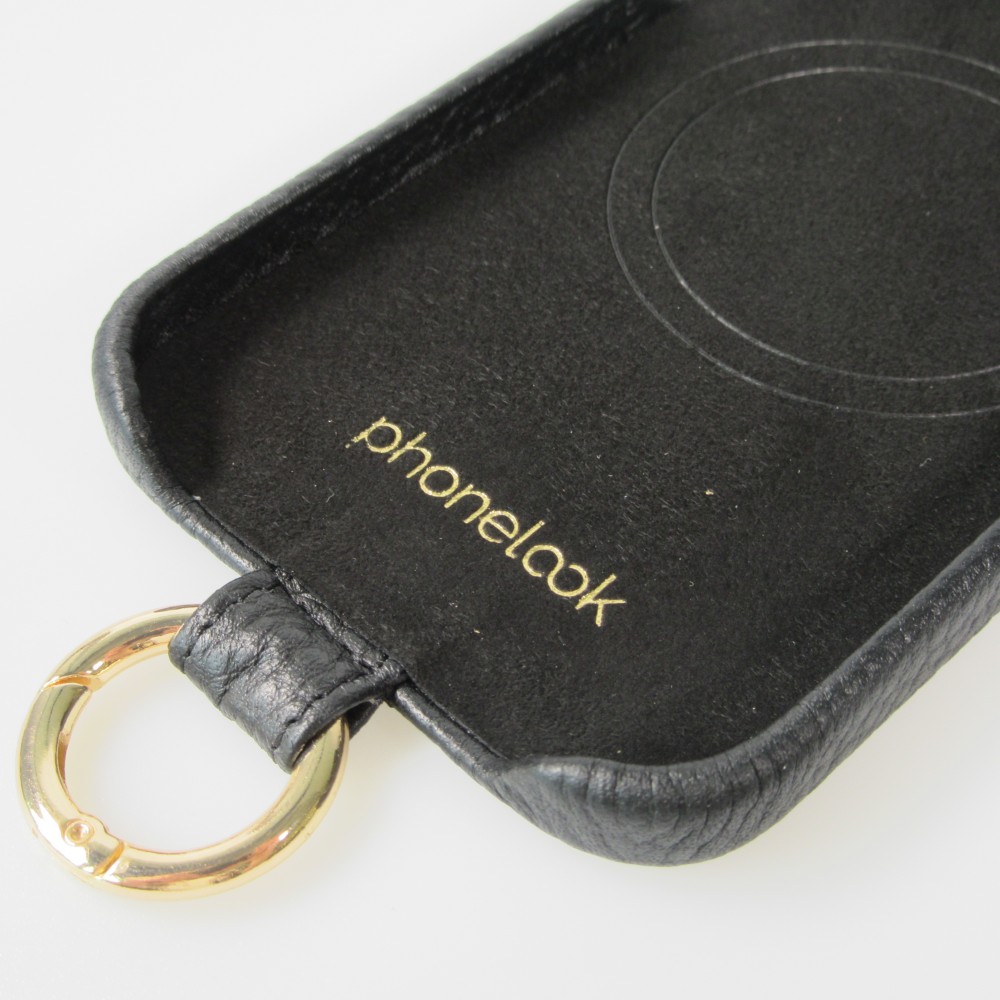 iPhone 14 Pro Max Case Hülle - Premium Luxus Echtleder mit verstell- und abnehmbarem Lederriemen + MagSafe - Schwarz