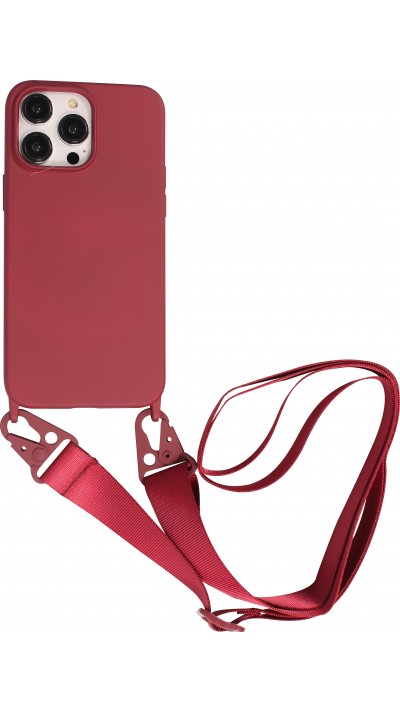 iPhone 14 Pro Max Case Hülle - Silikon matt mit Trageschlaufe und Metall Karabiner - Burgundi