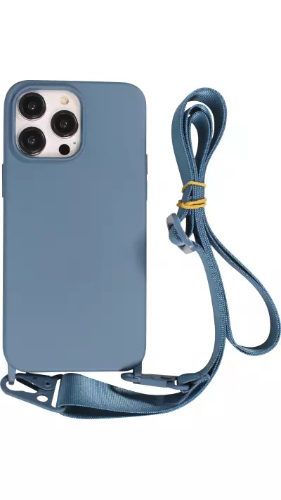 iPhone 14 Pro Case Hülle - Silikon matt mit Trageschlaufe und Metall Karabiner - Deep Sea Blue
