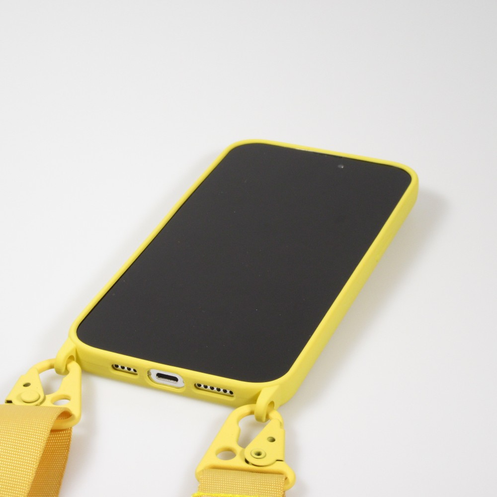 iPhone 14 Pro Max Case Hülle - Silikon matt mit Trageschlaufe und Metall Karabiner - Gelb