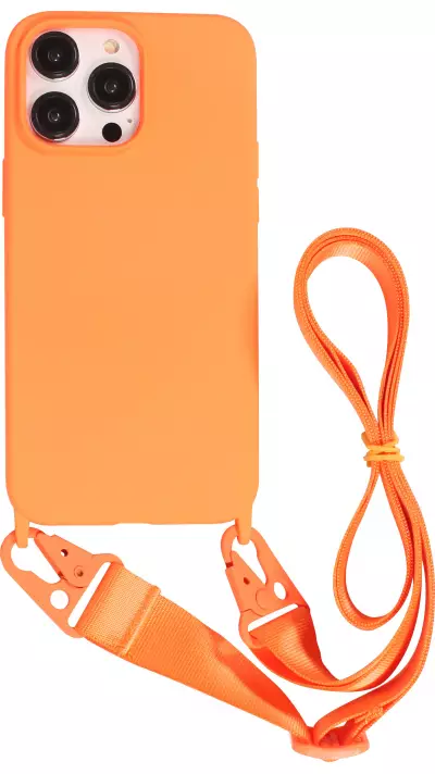 iPhone 14 Pro Case Hülle - Silikon matt mit Trageschlaufe und Metall Karabiner - Orange