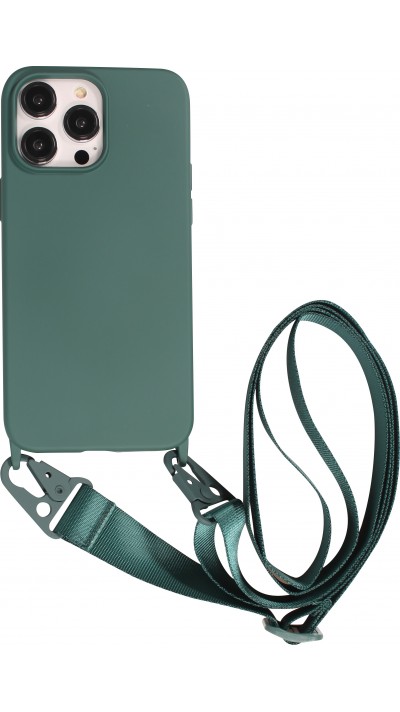 iPhone 14 Pro Max Case Hülle - Silikon matt mit Trageschlaufe und Metall Karabiner - Dunkelgrün