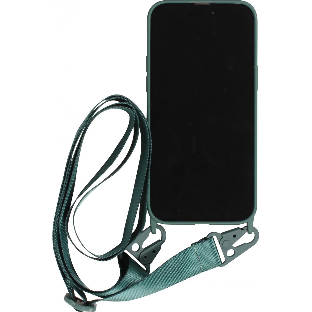 iPhone 14 Pro Max Case Hülle - Silikon matt mit Trageschlaufe und Metall Karabiner - Dunkelgrün