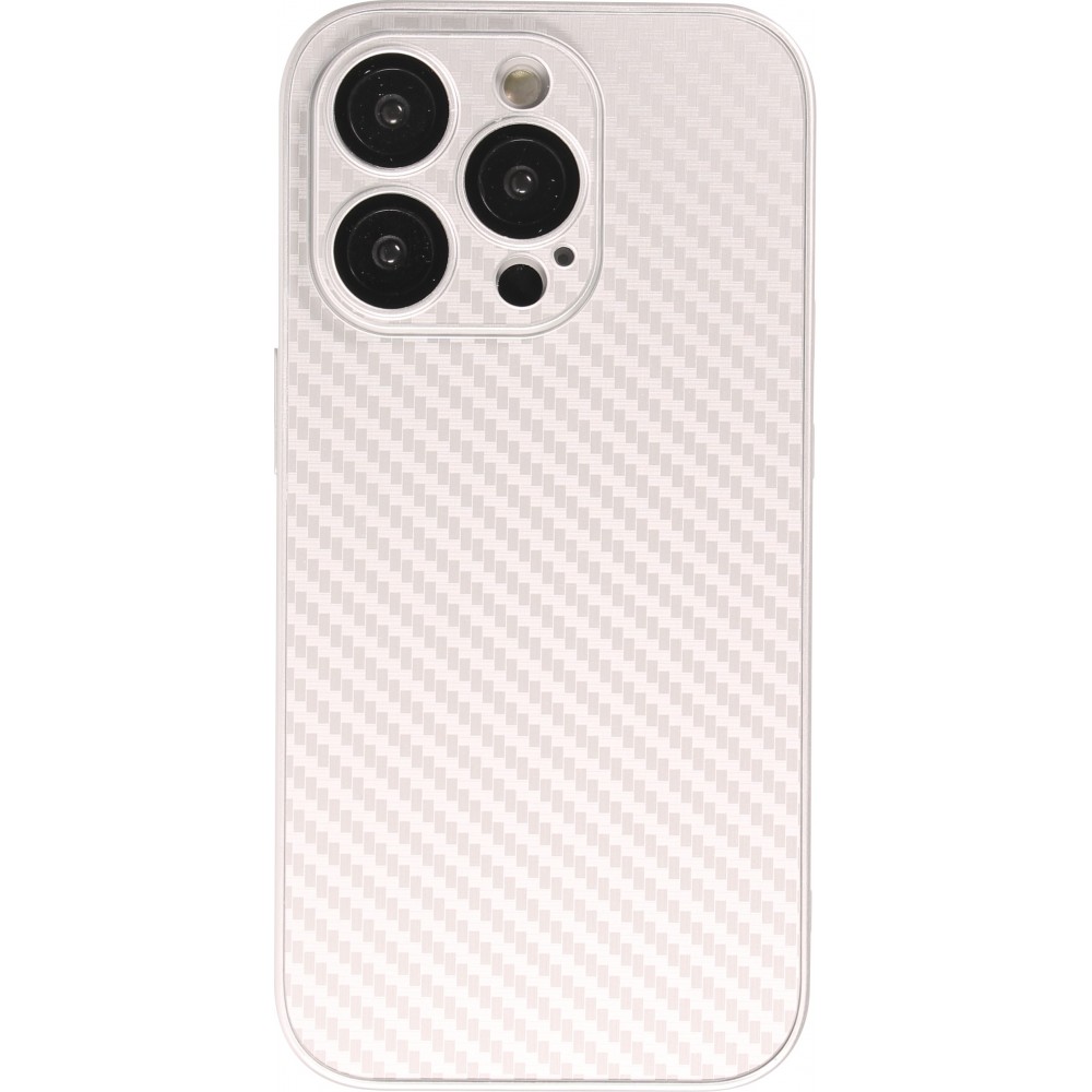 iPhone 14 Pro Max Case Hülle - Straffes Silikon mit Karbon Look + Kameraschutz - Silber