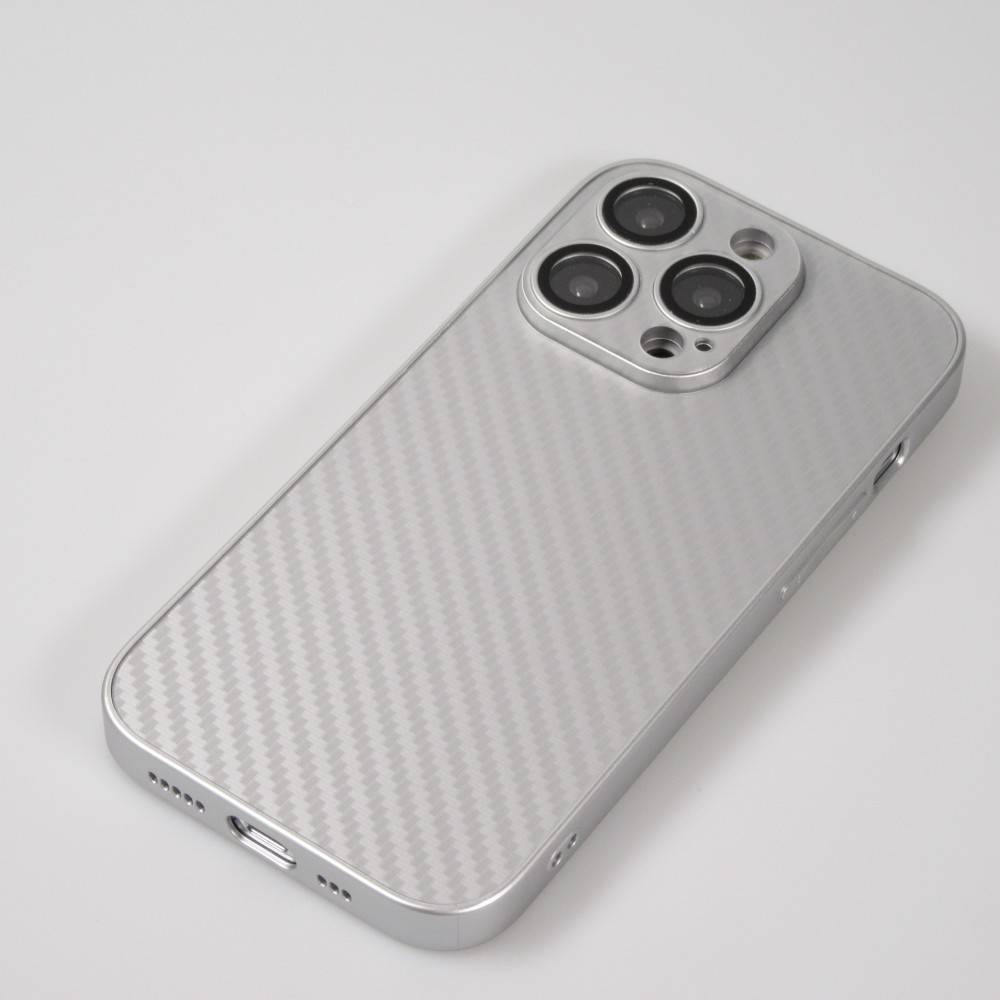 iPhone 14 Pro Max Case Hülle - Straffes Silikon mit Karbon Look + Kameraschutz - Silber