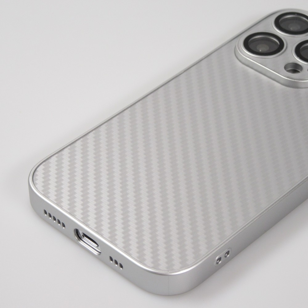 iPhone 14 Pro Max Case Hülle - Straffes Silikon mit Karbon Look + Kameraschutz - Silber