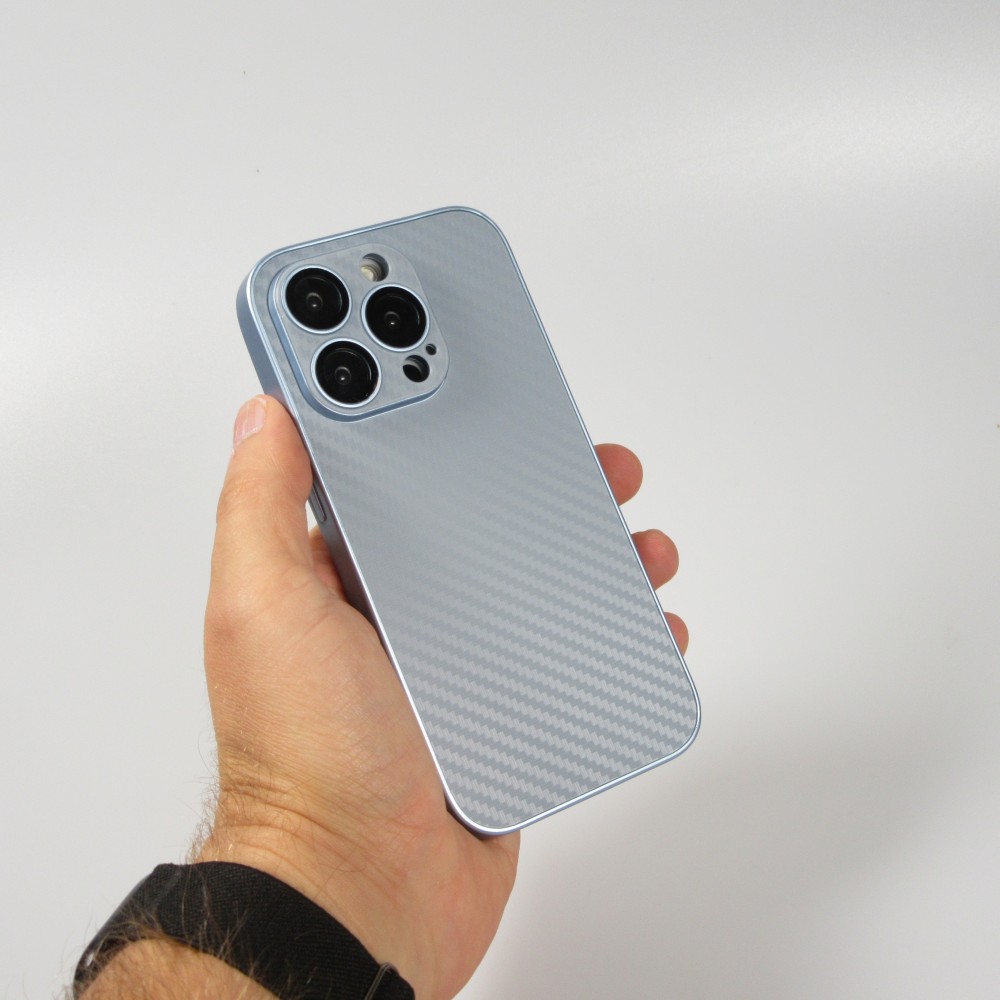 iPhone 14 Pro Max Case Hülle - Straffes Silikon mit Karbon Look + Kameraschutz - Hellblau