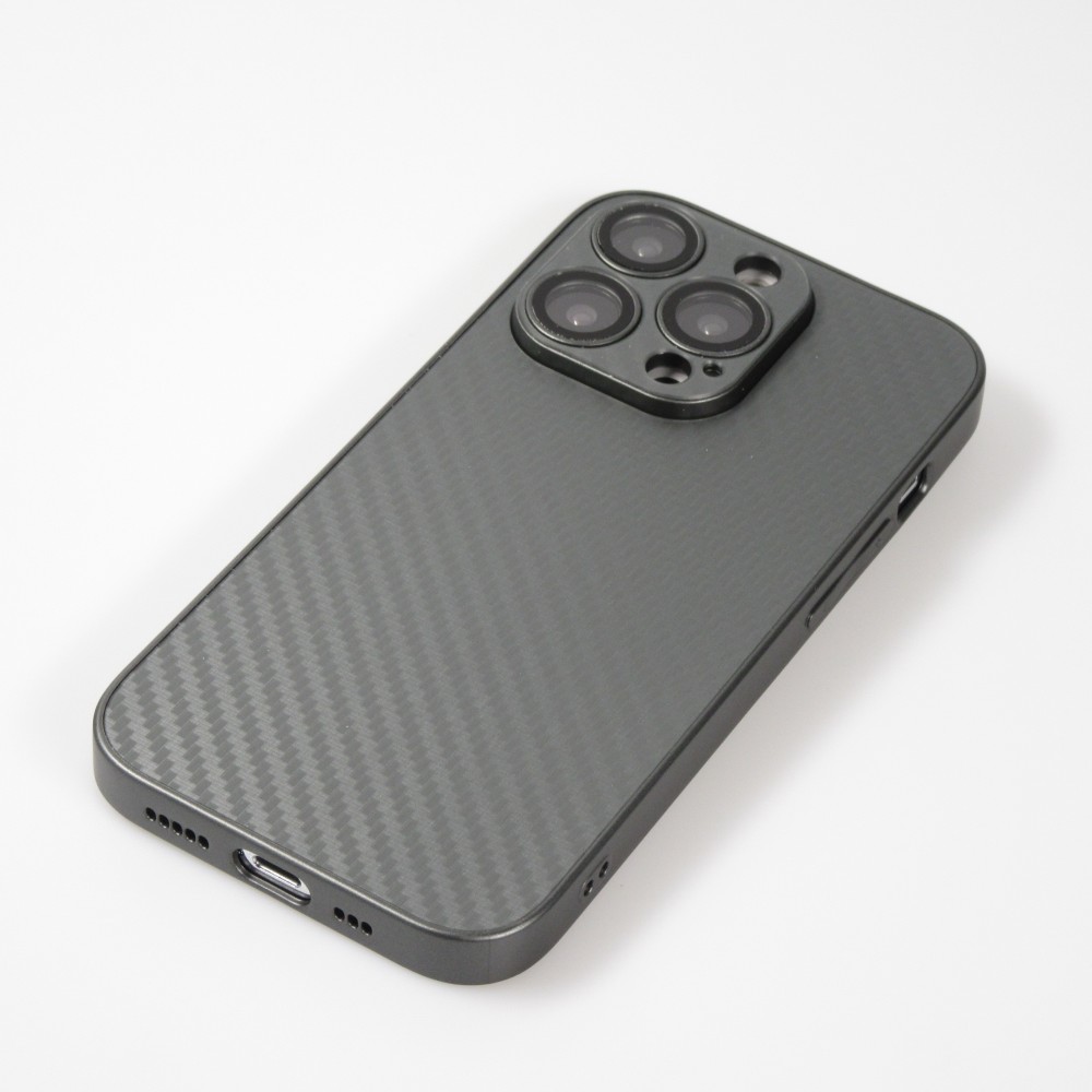 iPhone 14 Pro Max Case Hülle - Straffes Silikon mit Karbon Look + Kameraschutz - Grau