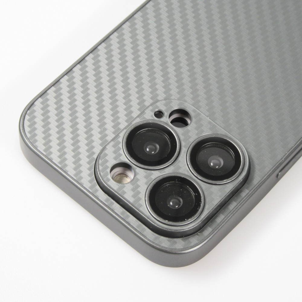 iPhone 14 Pro Max Case Hülle - Straffes Silikon mit Karbon Look + Kameraschutz - Grau
