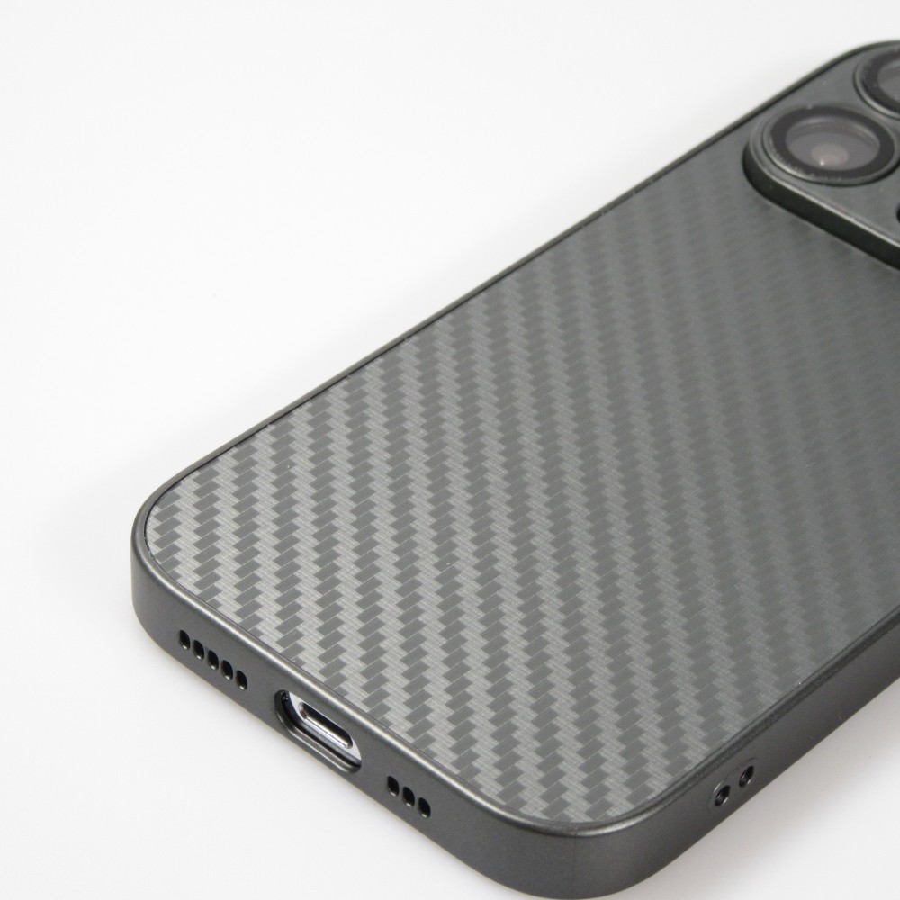 iPhone 14 Pro Max Case Hülle - Straffes Silikon mit Karbon Look + Kameraschutz - Grau