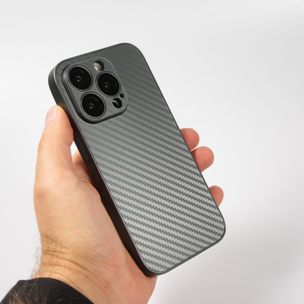 iPhone 14 Pro Max Case Hülle - Straffes Silikon mit Karbon Look + Kameraschutz - Grau